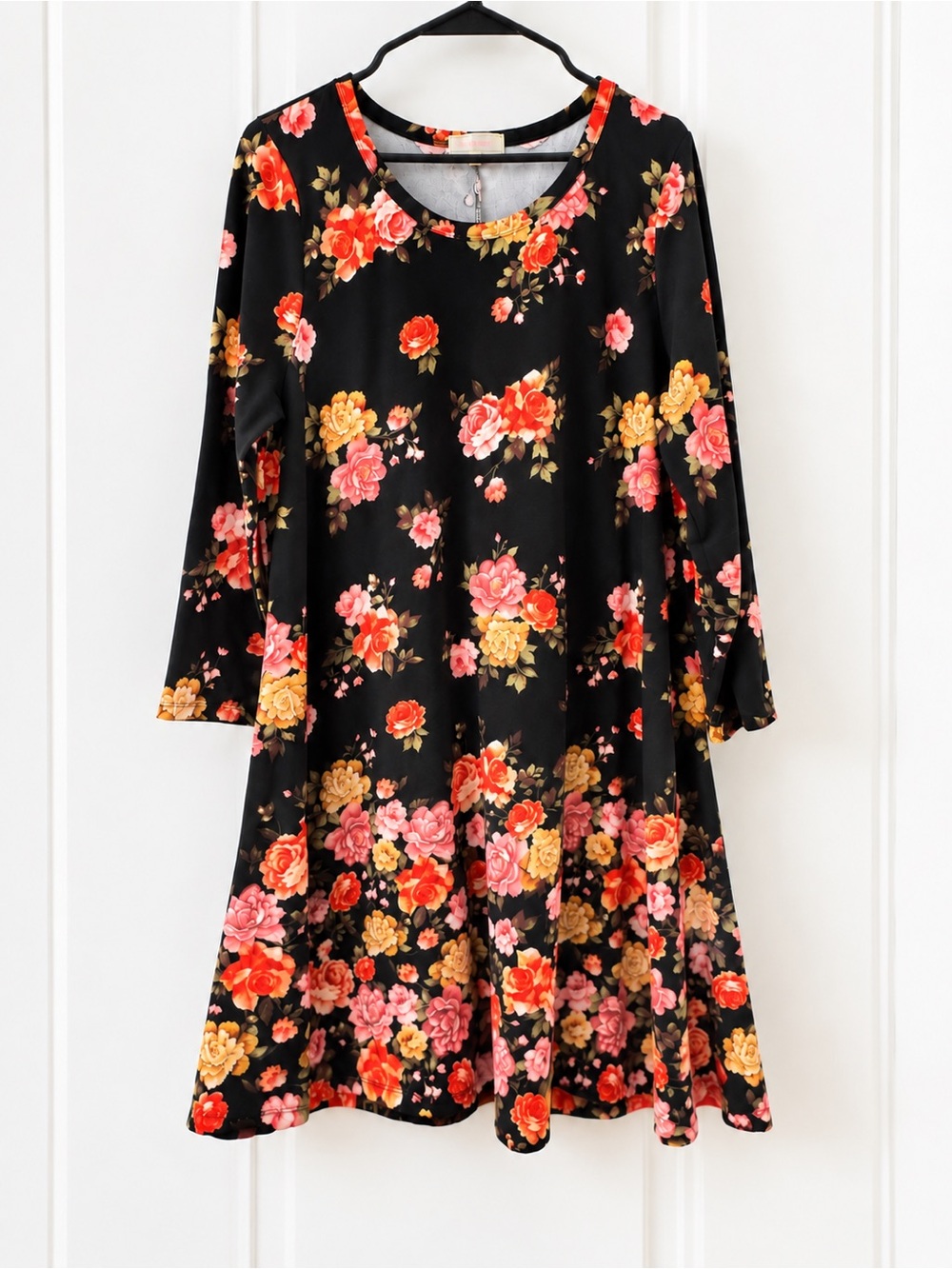 Stella Tweed Black Floral Border Print Swing Dress Size L